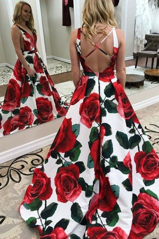 New Red Floral Cheap Deep V Neck Sweep Train Printed Prom Dress - Prom Dresses