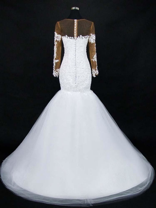 New Sheer Neck Long Sleeve Mermaid Wedding Dresses - wedding dresses