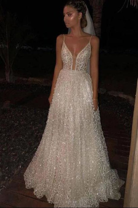 New Style A Line Deep V Neck Sequined Prom Dresses Spaghetti Straps Floor Length Dress - Prom Dresses