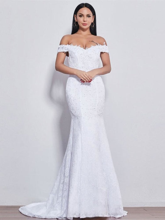 New Style Off-the-Shoulder Beaded Mermaid Wedding Dresses - White / Floor Length - wedding dresses