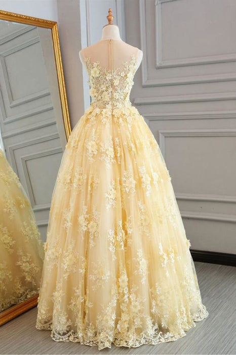 New Style Yellow Sheer Neck Tulle Lace Appliqued Floor-length Prom Dresses - Prom Dresses