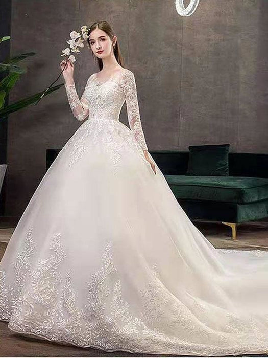 Vintage Wedding Dresses Eric White Jewel Neck Long Sleeves Natural Waist Satin Fabric Cathedral Train Applique Traditional Dresses For Bride