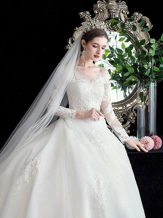 A-Line 3-4-Sleeve V-Neck Tulle Plus Size Wedding Dress - June Bridals