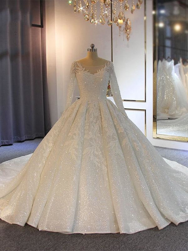 O-Neck Long Sleeves Lace-Up Ball Gown Wedding Dresses with Train - Ivory / 150cm - wedding dresses