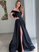 Off Shoulder Black Satin Long Prom Dresses with High Slit, Black Formal Graduation Evening Dresses