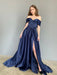 Off Shoulder Blue Satin Long Prom Dresses with High Slit, Long Blue Formal Graduation Evening Dresses 