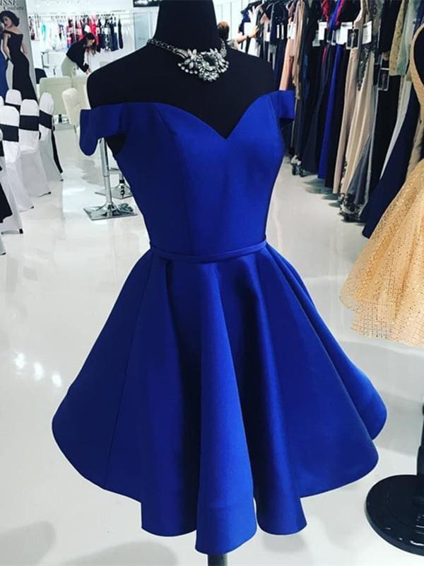 Off Shoulder Blue Satin Short Prom Dresses, Short Blue Homecoming Dres