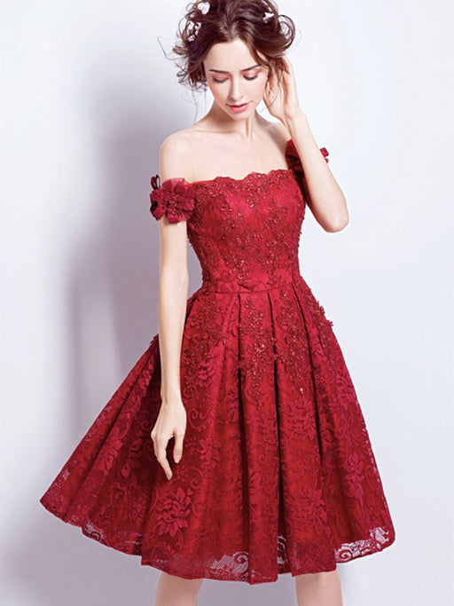 Off Shoulder Burgundy Lace Short Prom Homecoming Dresses, Burgundy Lace Formal Graduation Evening Dresses, Burgundy Cocktail Dresses