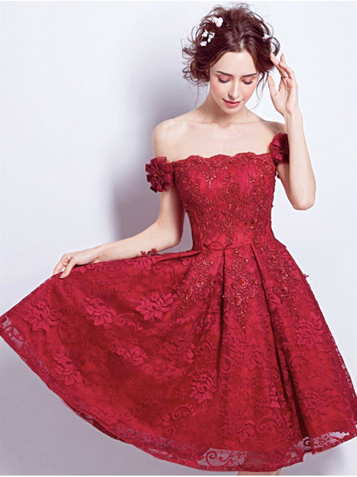 Off Shoulder Burgundy Lace Short Prom Homecoming Dresses, Burgundy Lace Formal Graduation Evening Dresses, Burgundy Cocktail Dresses