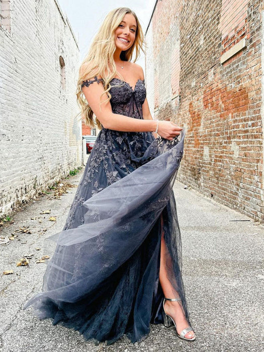Off Shoulder Dark Gray Lace Long Prom Dresses with High Slit, Dark Gra Bridelily Off Shoulder Dark Gray Lace Long Prom Dresses with High Slit, Dark Gra Bridelily