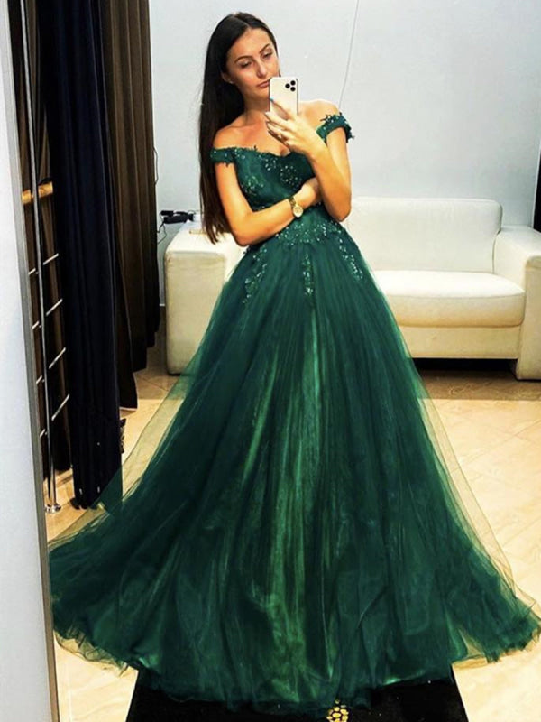 Off Shoulder Dark Green Sweep Satin Ball Gown Prom Dress, Lace main image 1