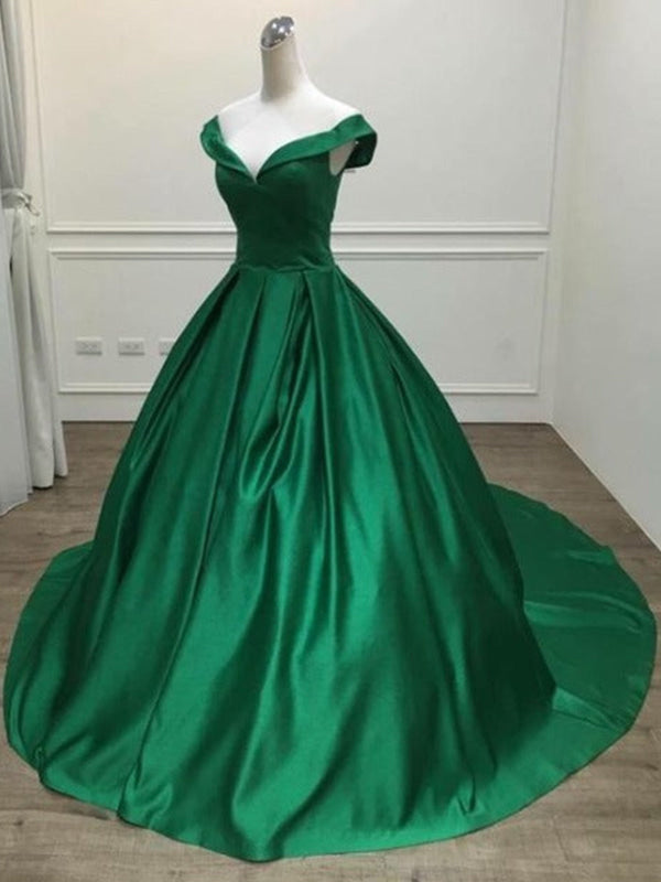 Charming Off The Shoulder Green Sweep Train Slit Long Prom Dress