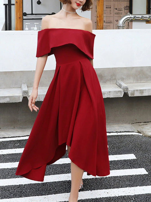 Off Shoulder High Low Burgundy Tea Length Prom Dresses, Off Shoulder B Bridelily Off Shoulder High Low Burgundy Tea Length Prom Dresses, Off Shoulder B Bridelily