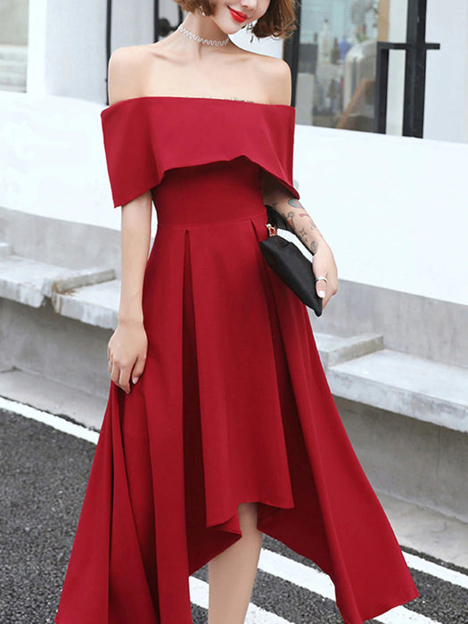 Off Shoulder High Low Burgundy Tea Length Prom Dresses, Off Shoulder B Bridelily Off Shoulder High Low Burgundy Tea Length Prom Dresses, Off Shoulder B Bridelily