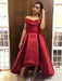 Off Shoulder High Low Satin Lace Burgundy Prom Dresses with Appliques, Burgundy Lace Formal Dresses, Homecoming Dresses, Graduation Dresses