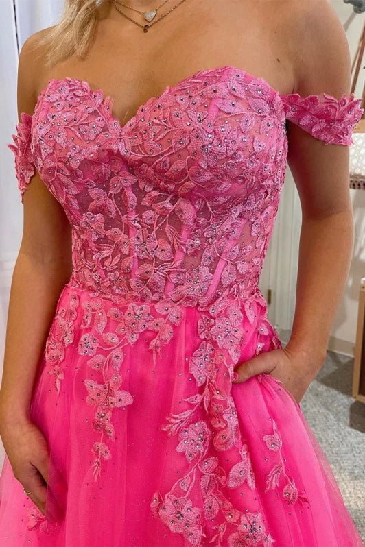 One Shoulder Hot Pink Tulle Long Prom Dresses, Hot Pink Formal Graduation Evening Dresses EP1689