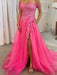 Off Shoulder Hot Pink Tulle Lace Long Prom Dresses with High Slit, Hot Pink Lace Formal Graduation Evening Dresses 