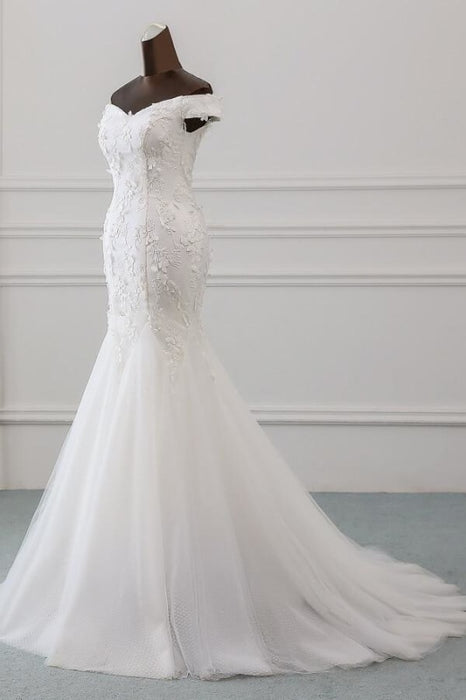 Off Shoulder Lace-up Applique Mermaid Wedding Dress - Wedding Dresses
