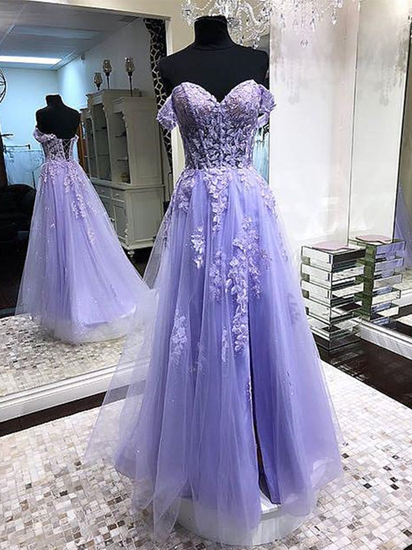 Off Shoulder Lavender Lace Long Prom Dresses On Sale-Bridelily Off Shoulder Lavender Lace Long Prom Dresses On Sale-Bridelily