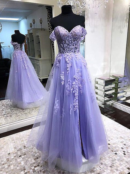 Off Shoulder Lavender Lace Long Prom Dresses On Sale-Bridelily Off Shoulder Lavender Lace Long Prom Dresses On Sale-Bridelily
