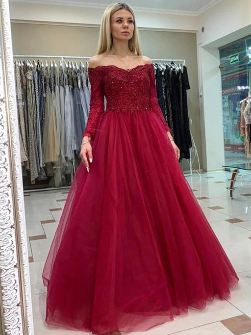 Off Shoulder Long Sleeves Burgundy Lace Prom, Long Sleeves Burgundy La Bridelily Off Shoulder Long Sleeves Burgundy Lace Prom, Long Sleeves Burgundy La Bridelily