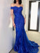 Off Shoulder Mermaid Blue Lace Long Prom Dresses, Blue Lace Formal Dresses, Mermaid Blue Evening Dresses 
