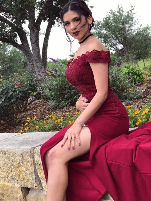 Off Shoulder Mermaid Burgundy Lace Long Prom Dresses with High Slit, M Bridelily Off Shoulder Mermaid Burgundy Lace Long Prom Dresses with High Slit, M Bridelily