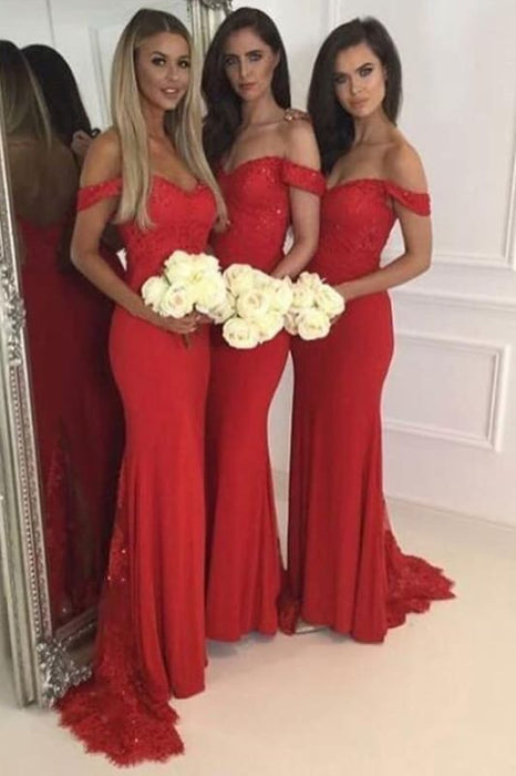 Off Shoulder Mermaid Red Bridesmaid with Lace Sequins Stylish Wedding Party Dress - Prom Dresses