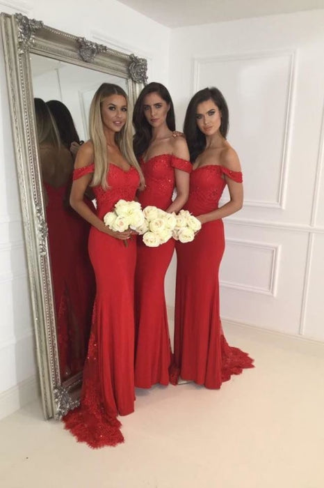 Off Shoulder Mermaid Red Bridesmaid with Lace Sequins Stylish Wedding Party Dress - Prom Dresses