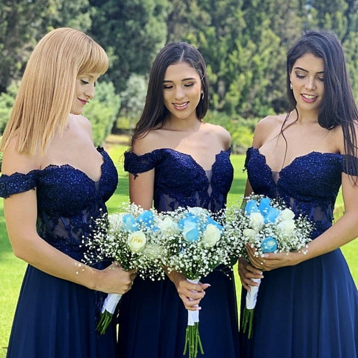 Off Shoulder Navy Blue Lace Beaded Prom Dresses, Navy Blue Lace Brides Bridelily Off Shoulder Navy Blue Lace Beaded Prom Dresses, Navy Blue Lace Brides Bridelily