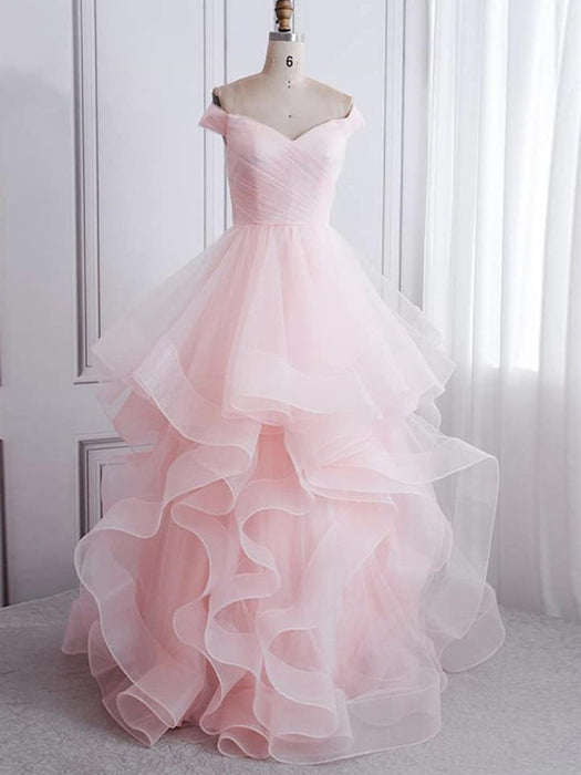 Off Shoulder Pink Long Prom Dresses, Fluffy Pink Formal Evening Dresse Bridelily Off Shoulder Pink Long Prom Dresses, Fluffy Pink Formal Evening Dresse Bridelily