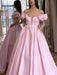 Off Shoulder Pink Satin Long Prom Dresses, Off the Shoulder Pink Formal Dresses, Pink Evening Dresses 