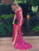 Off Shoulder Pink Sequins Mermaid long Prom Dresses with High Slit, Mermaid Pink Formal Graduation Evening Dresses 