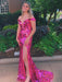 Off Shoulder Pink Sequins Mermaid long Prom Dresses with High Slit, Mermaid Pink Formal Graduation Evening Dresses 