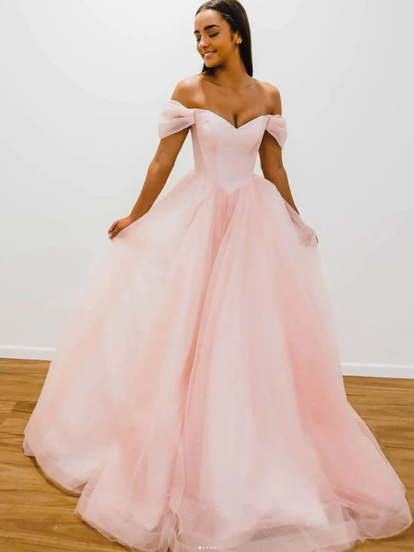 Off the Shoulder Hot Pink Tulle Long Prom Dress Princess Graduation Gown GP347