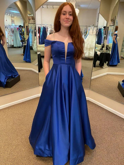 Off Shoulder Royal Blue Satin Long Prom Dresses with Pocket, Long Roya Bridelily Off Shoulder Royal Blue Satin Long Prom Dresses with Pocket, Long Roya Bridelily