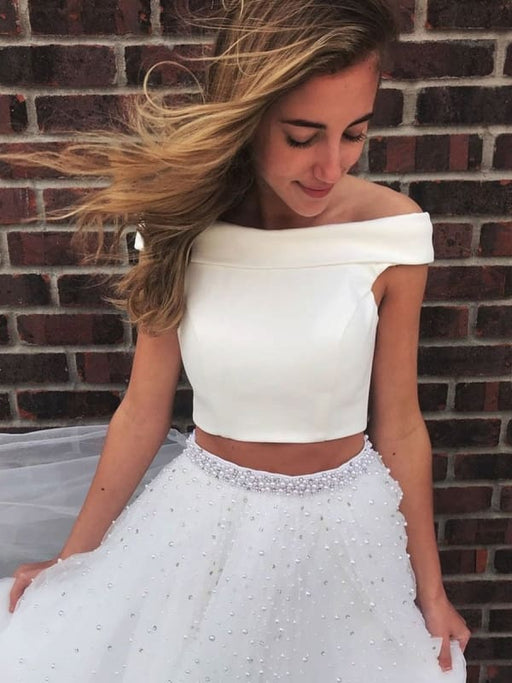 Off Shoulder Two Pieces Beaded Long White Prom Dresses with Beading, Off Shoulder White Formal Dresses, Two Pieces White Evening Dresses