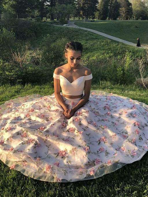 Off Shoulder Two Pieces Floor Length Appliques Pink Prom Dresses, Off Shoulder Pink Formal Dresses, Pink Evening Dresses