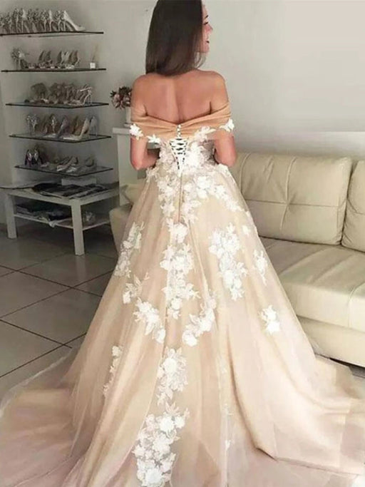 Off Shoulder White Lace Appliques Champagne Prom Dresses Wedding Dresses, Off Shoulder Champagne Formal Dresses, Champagne Evening Dresses