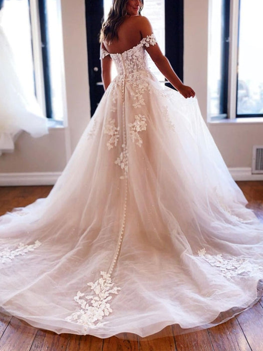 Off Shoulder White Lace Long Prom Dresses with Train, White Lace Wedding Dresses, White Tulle Formal Evening Dresses 