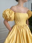 Beaira Off the Shoulder Yellow Satin Long Prom Dress Off Shoulder Yellow Sweet 16 Dress