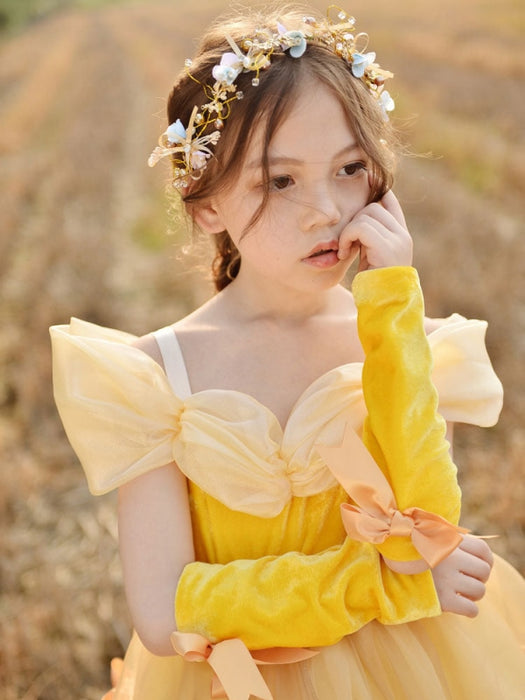 Flower Girl Dresses Off The Shoulder Korean Velvet Sleeveless Ankle Length A Line Pleated Formal Kids Princess Dresses