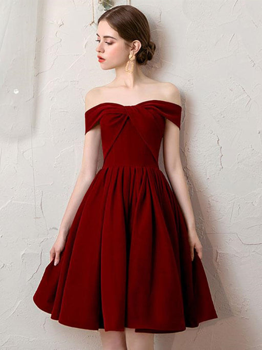 Off the Shoulder Burgundy Short Prom Dresses, Off Shoulder Burgundy Homecoming Dresses, Burgundy Formal Graduation Evening Dresses