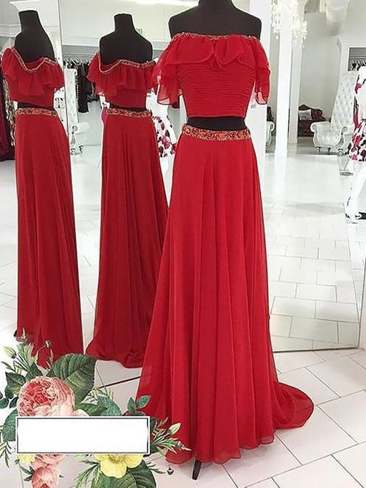 Off-The-Shoulder Chiffon With Beading Floor-Length Two Piece Dresses - Prom Dresses