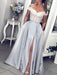 Off the Shoulder Gray Lace Long Prom Dresses, Gray Off Shoulder Lace Formal Evening Dresses