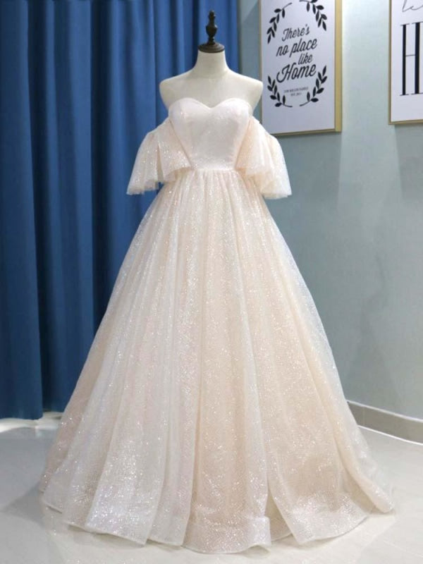 Off-the-Shoulder Half Sleeves Ball Gown Wedding Dresses - As Picture / Floor Length - wedding dresses
