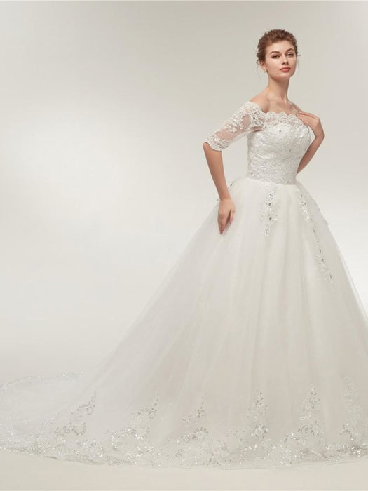 Off-the-Shoulder Half Sleeves Lace Ball Gown Wedding Dresses - wedding dresses