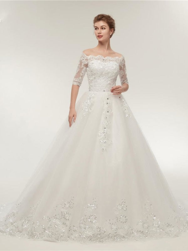 Off-the-Shoulder Half Sleeves Lace Ball Gown Wedding Dresses - wedding dresses