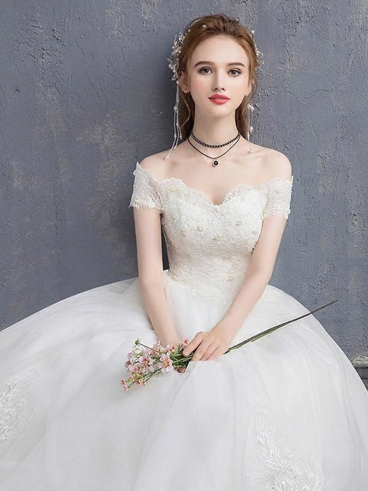 Off-the-Shoulder Lace Applique Ball Gown Wedding Dresses - wedding dresses