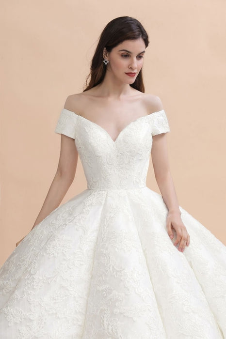 Off The Shoulder Lace Beaded Ball Gown Wedding Dress - wedding dresses